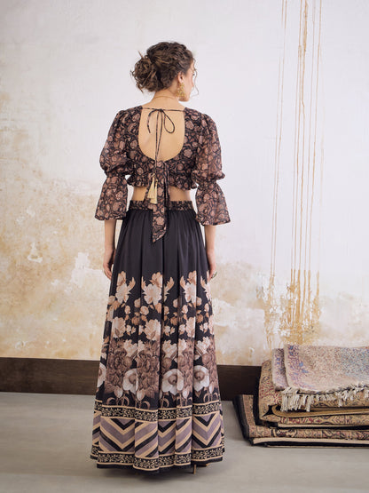 Black Floral Hem Frill Crop Top With Anarkali Skirt-Shae by SASSAFRAS