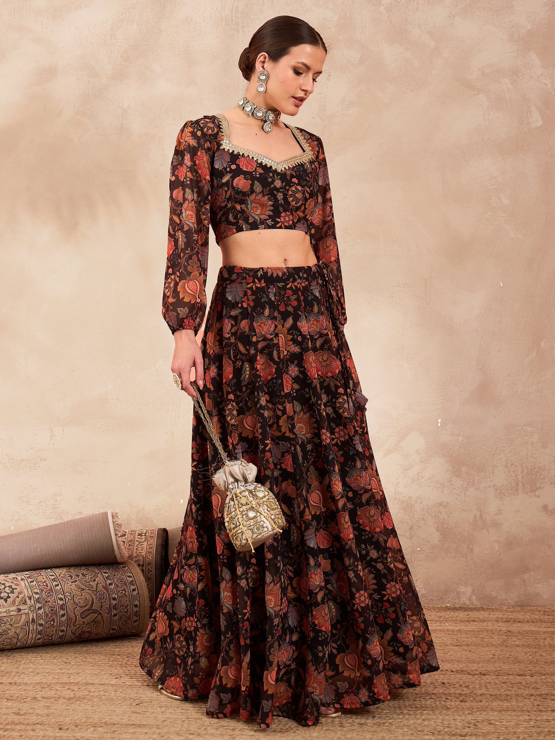 Women's Women Black Floral Sweetheart Neck Crop Top With Anarkali Skirt in Georgette by Shae for wholesale, bulk, supplier, manufacturer and wholesaler buyers from Trendphoria