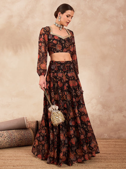 Women's Women Black Floral Sweetheart Neck Crop Top With Anarkali Skirt in Georgette by Shae for wholesale, bulk, supplier, manufacturer and wholesaler buyers from Trendphoria