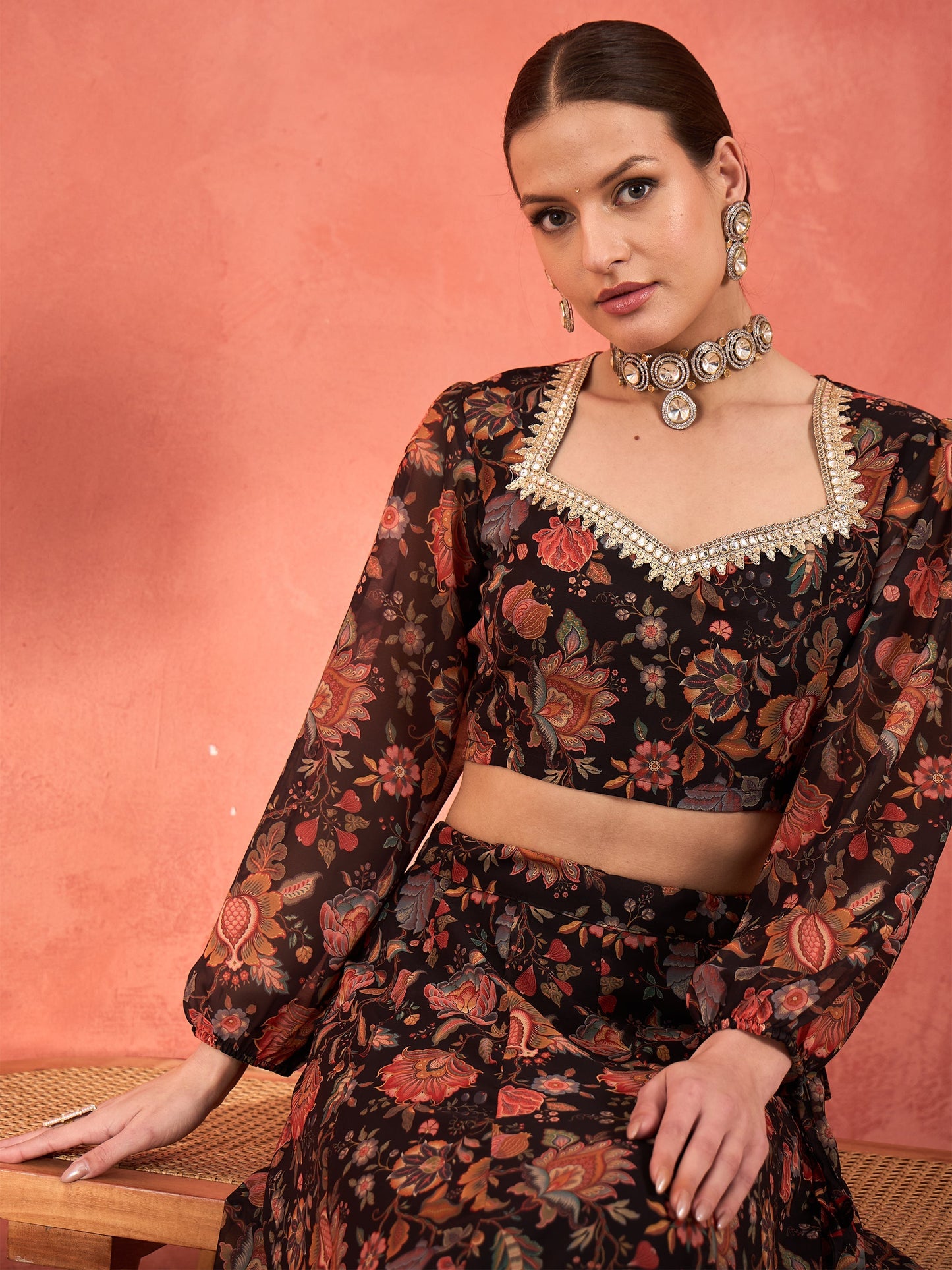 Women Black Floral Sweetheart Neck Crop Top With Anarkali Skirt