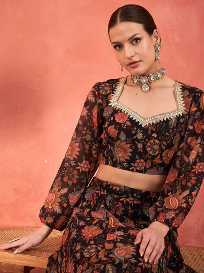Women Black Floral Sweetheart Neck Crop Top With Anarkali Skirt