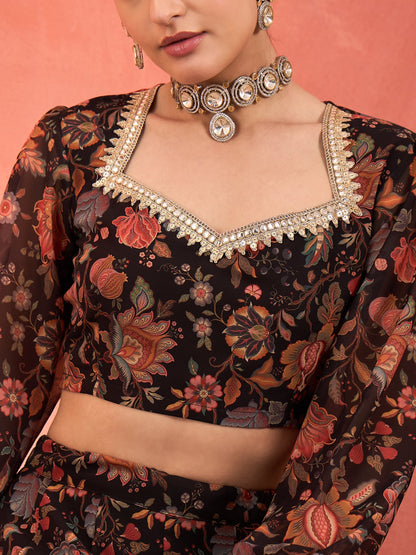 Women Black Floral Sweetheart Neck Crop Top With Anarkali Skirt