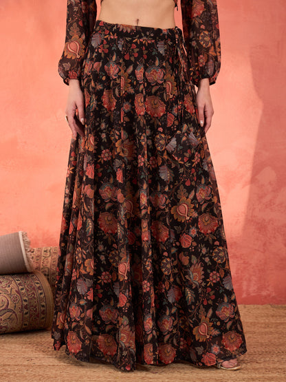 Women Black Floral Sweetheart Neck Crop Top With Anarkali Skirt