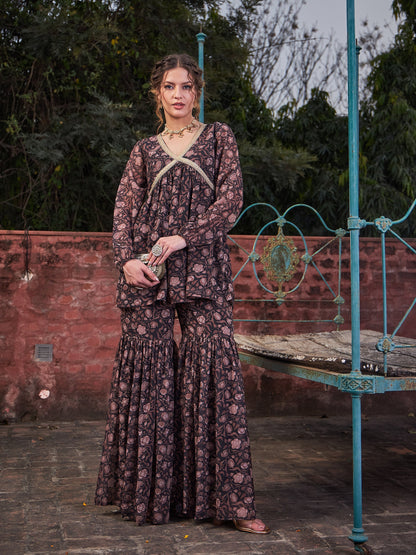 Black Floral V Neck Peplum Top With Sharara Pants-Shae by SASSAFRAS