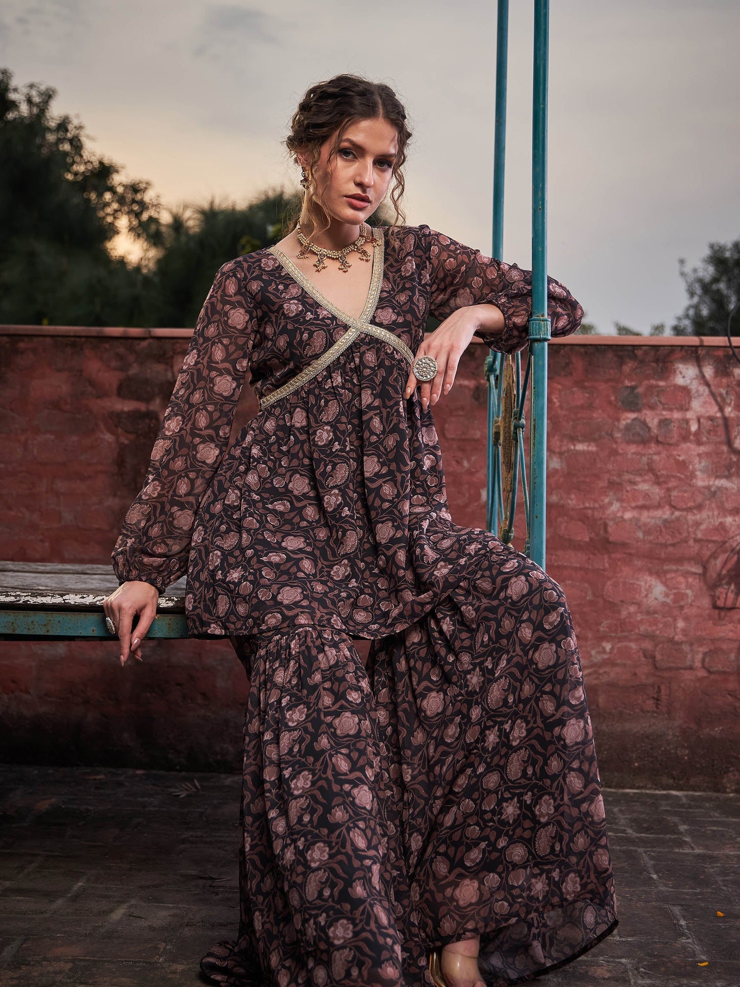 Black Floral V Neck Peplum Top With Sharara Pants-Shae by SASSAFRAS