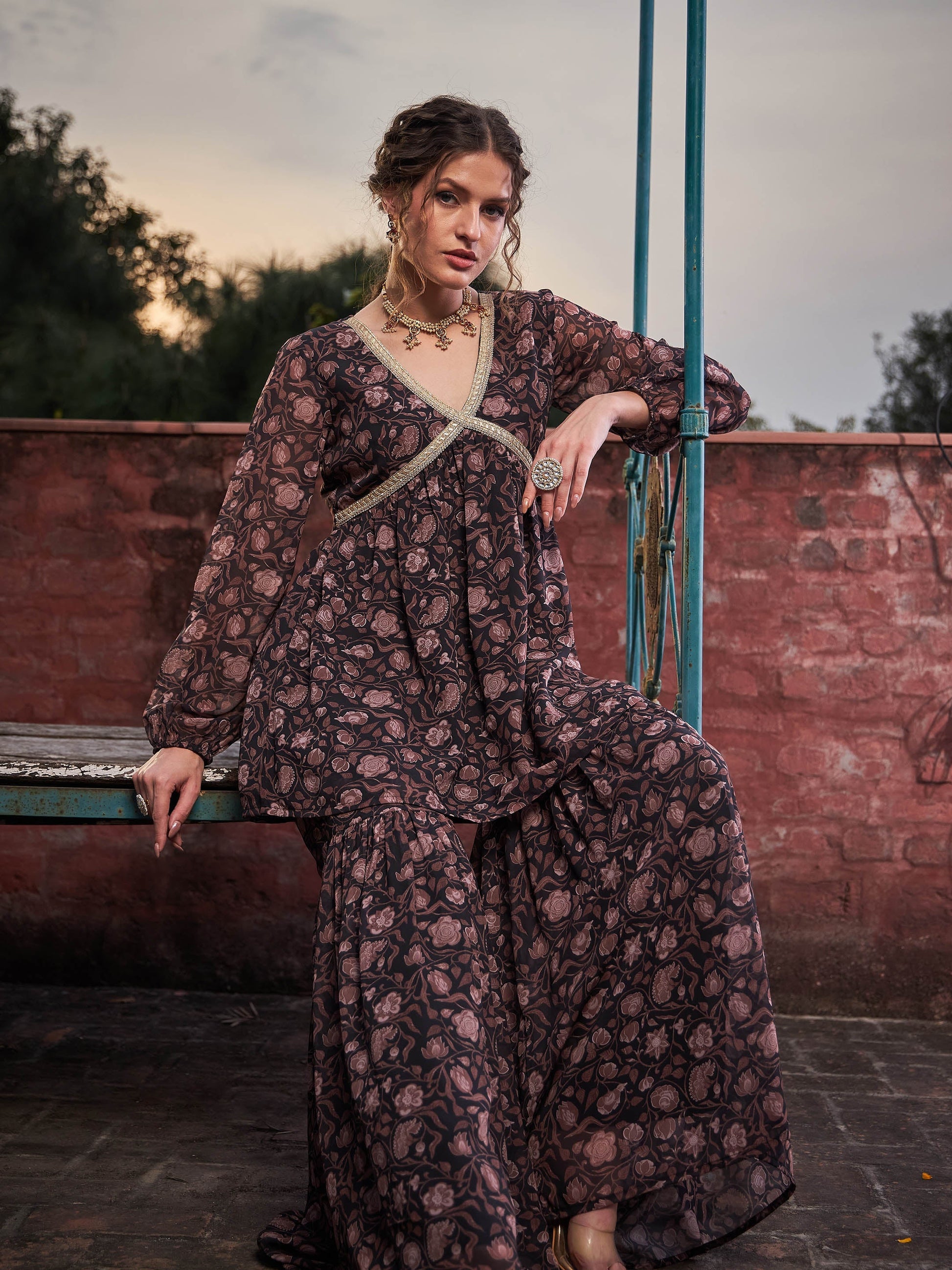 Black Floral V Neck Peplum Top With Sharara Pants-Shae by SASSAFRAS