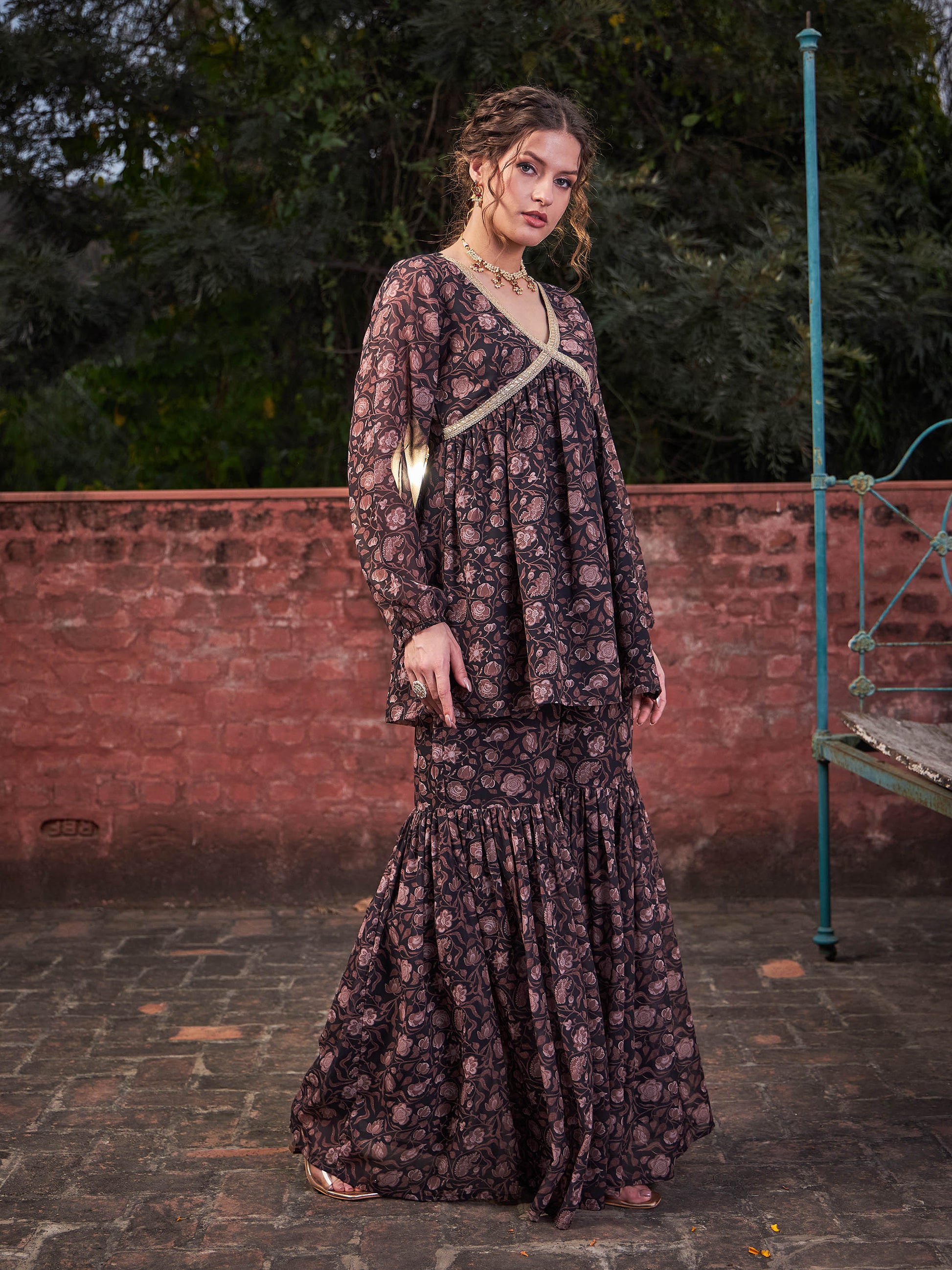 Black Floral V Neck Peplum Top With Sharara Pants-Shae by SASSAFRAS