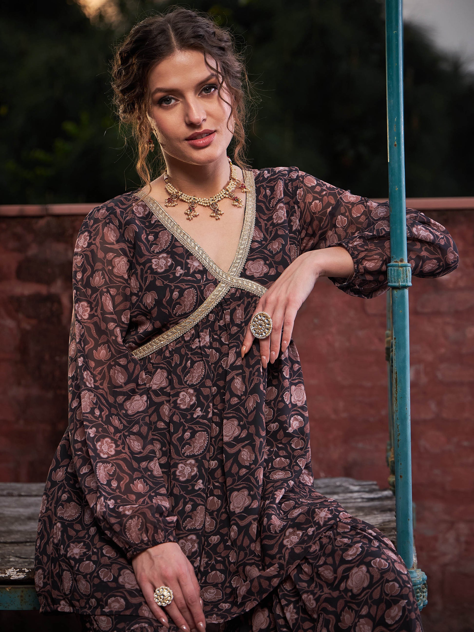 Black Floral V Neck Peplum Top With Sharara Pants-Shae by SASSAFRAS