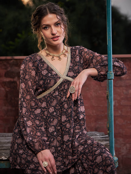 Black Floral V Neck Peplum Top With Sharara Pants-Shae by SASSAFRAS