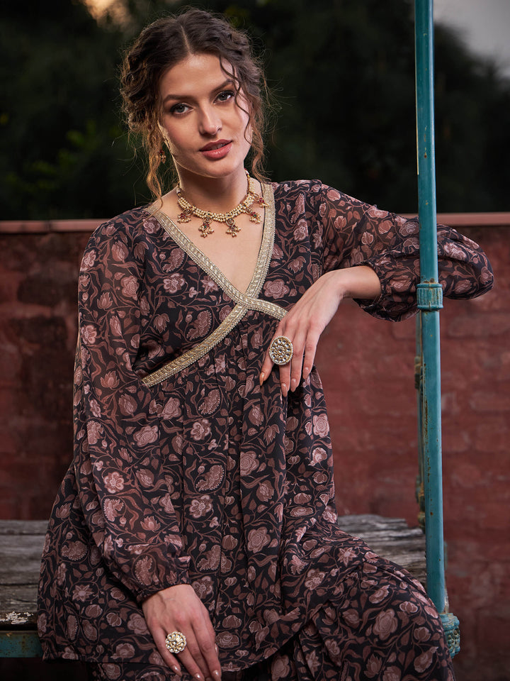 Black Floral V Neck Peplum Top With Sharara Pants-Shae by SASSAFRAS