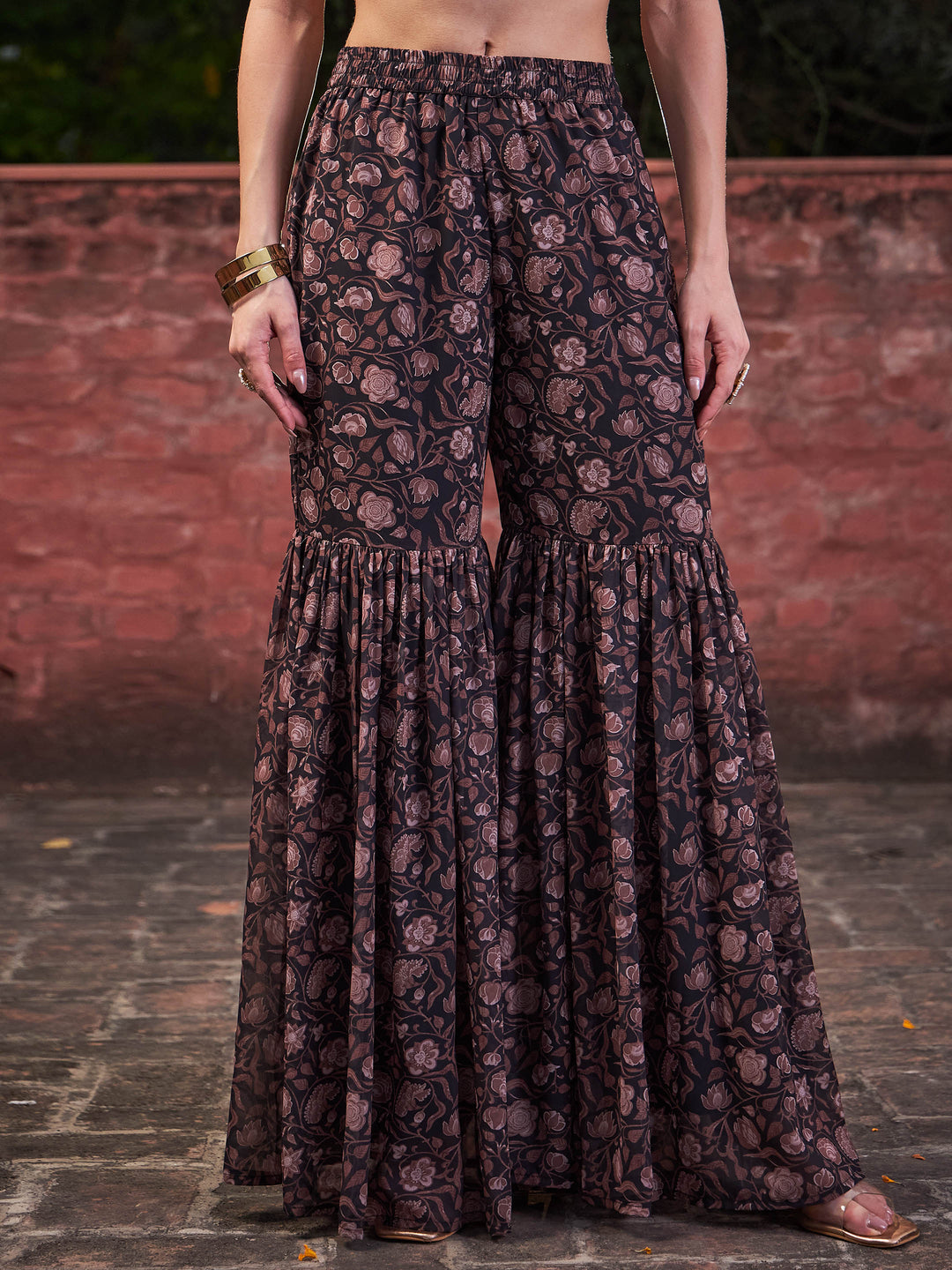 Black Floral V Neck Peplum Top With Sharara Pants-Shae by SASSAFRAS