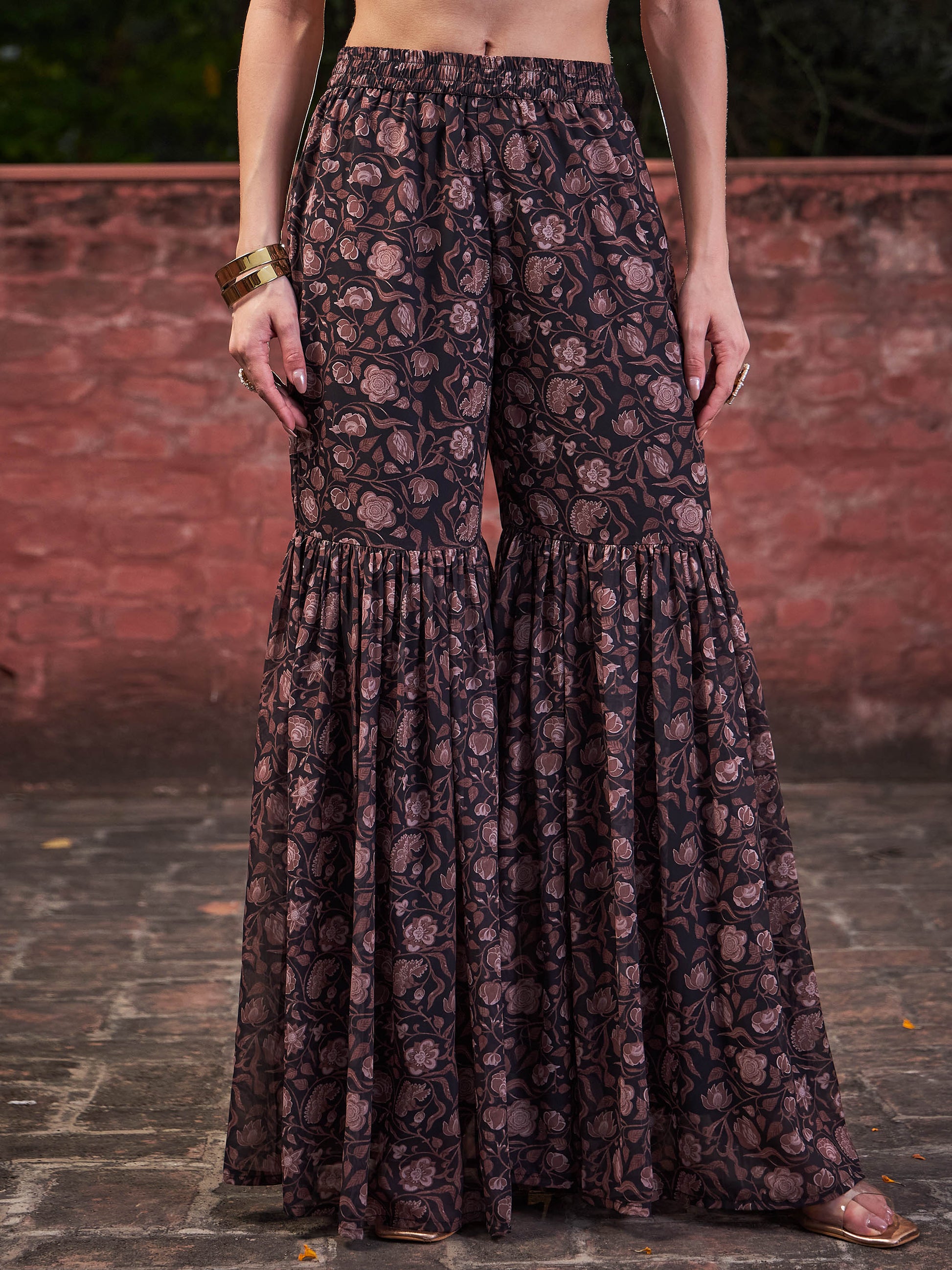 Black Floral V Neck Peplum Top With Sharara Pants-Shae by SASSAFRAS