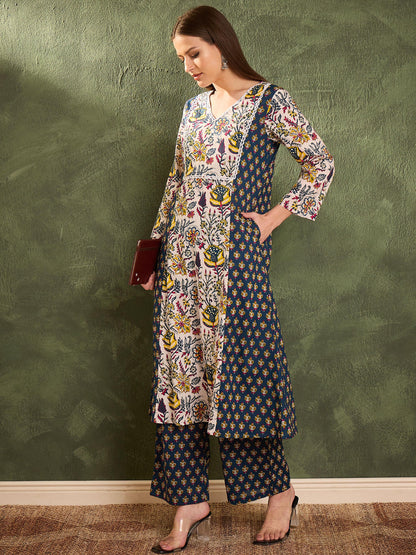 Blue Floral Front Yoke Kurta With Pants