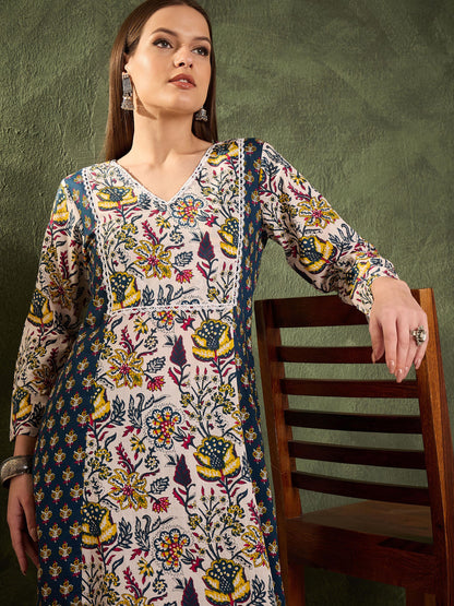 Blue Floral Front Yoke Kurta With Pants