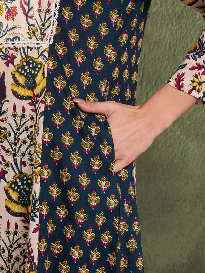 Blue Floral Front Yoke Kurta With Pants