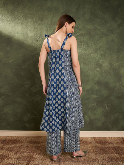 Blue Floral Front Button Slit Kurta With Pants