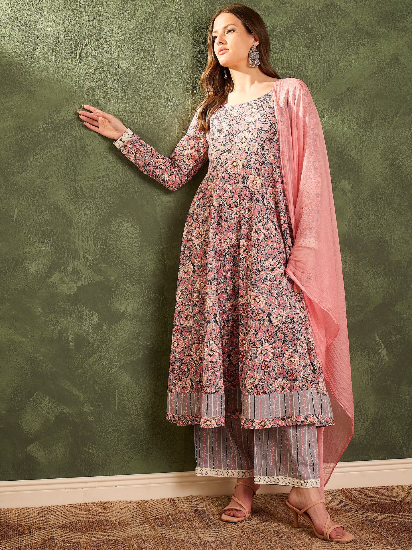 Pink & Grey Floral Anarkali Kurta Set with Dupatta