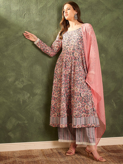 Pink & Grey Floral Anarkali Kurta Set with Dupatta
