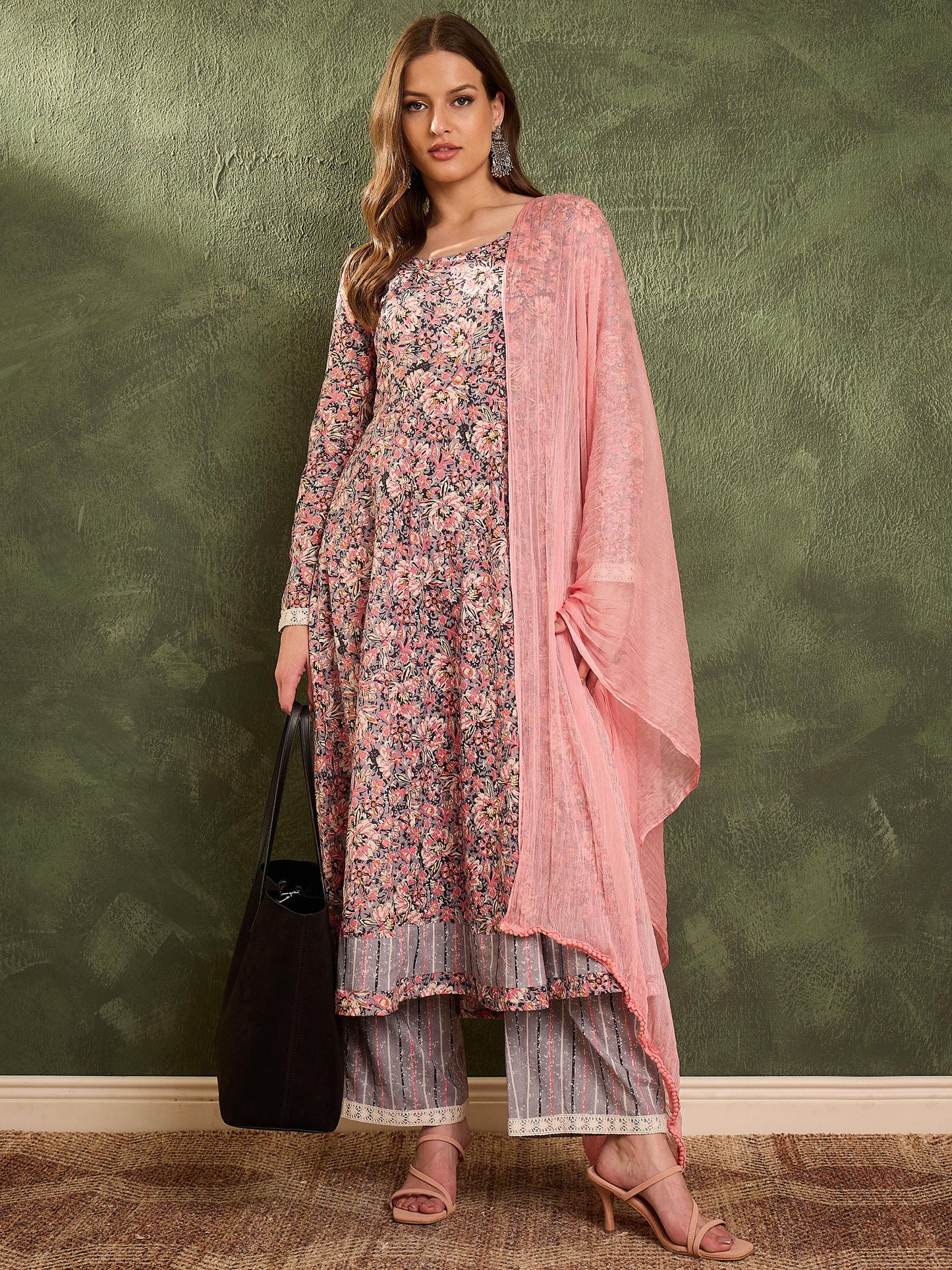 Pink & Grey Floral Anarkali Kurta Set with Dupatta