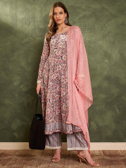Pink & Grey Floral Anarkali Kurta Set with Dupatta