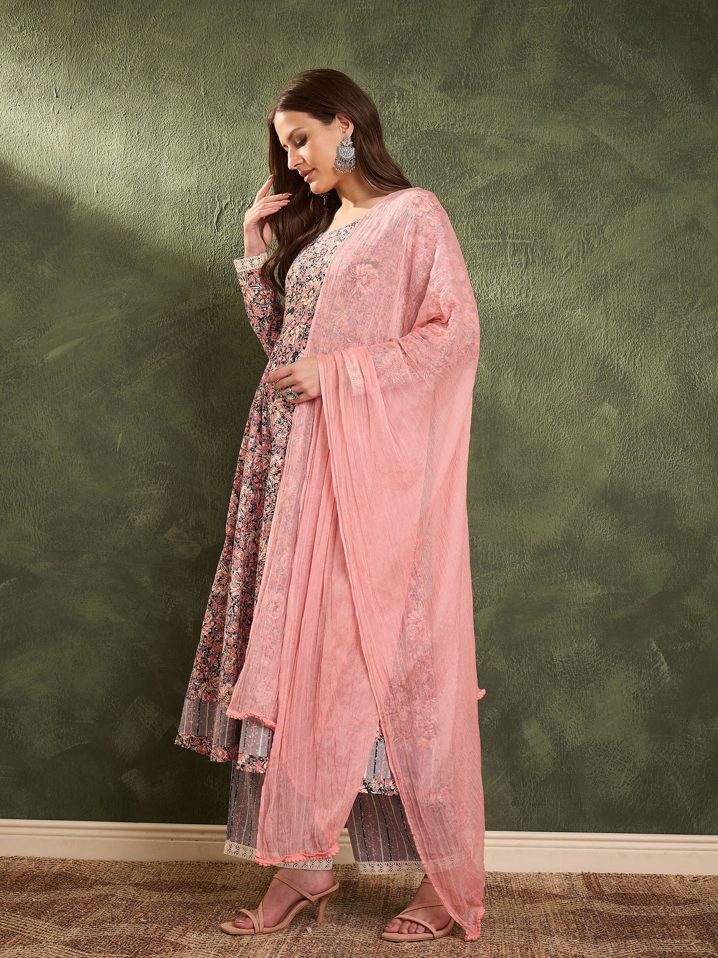Pink & Grey Floral Anarkali Kurta Set with Dupatta