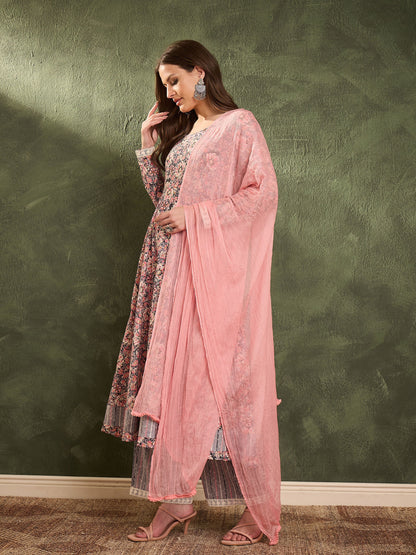 Pink & Grey Floral Anarkali Kurta Set with Dupatta