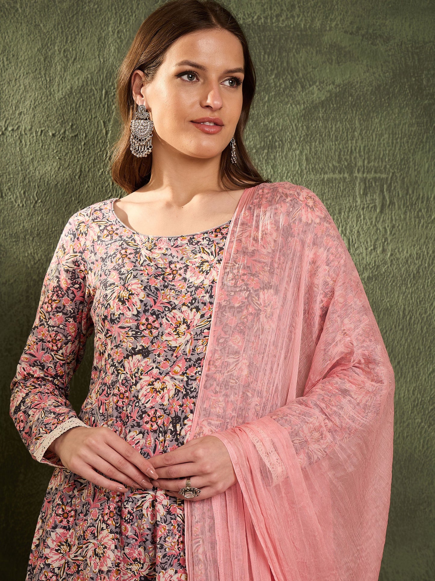 Pink & Grey Floral Anarkali Kurta Set with Dupatta