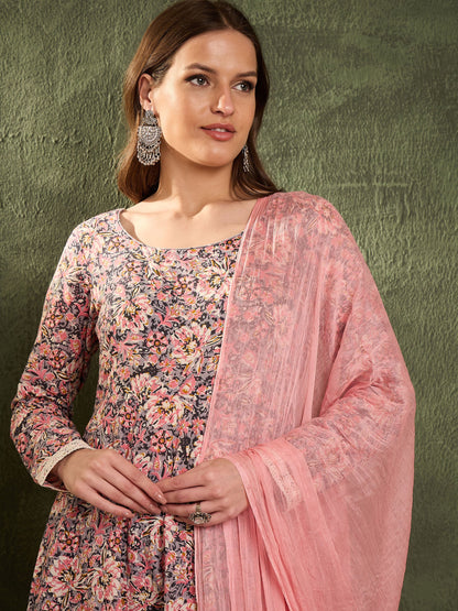 Pink & Grey Floral Anarkali Kurta Set with Dupatta