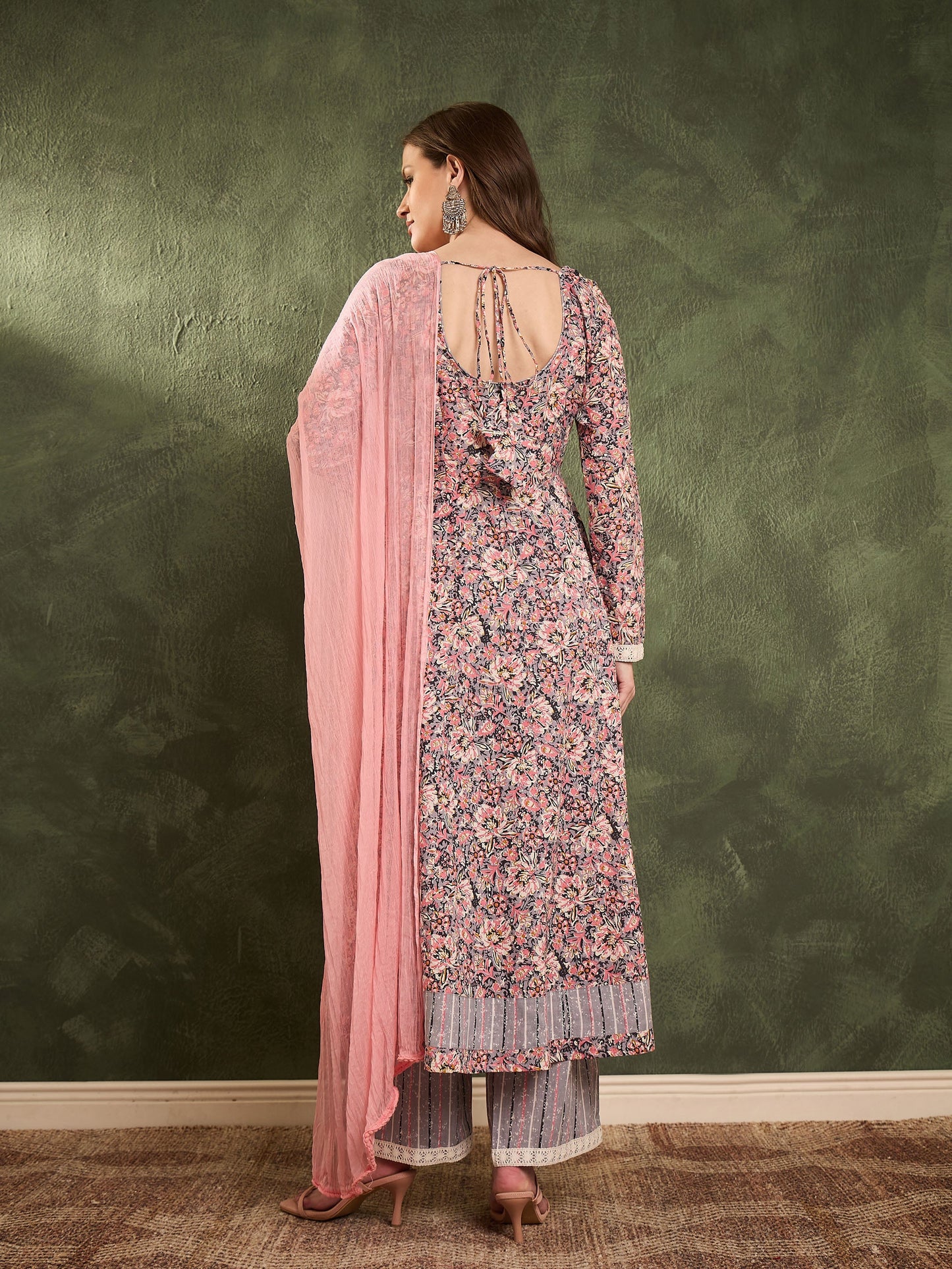 Pink & Grey Floral Anarkali Kurta Set with Dupatta