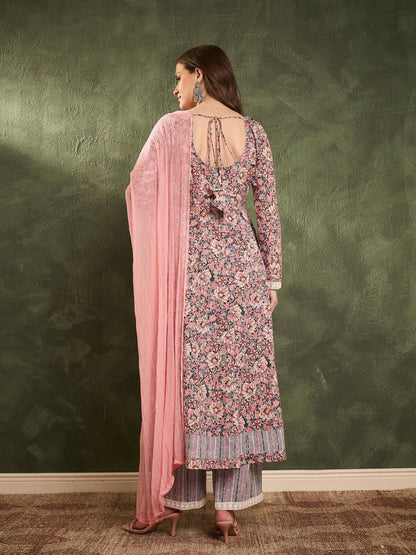 Pink & Grey Floral Anarkali Kurta Set with Dupatta