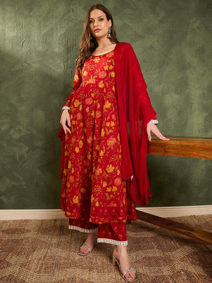 Maroon & Yellow Floral Anarkali Kurta Set with Dupatta