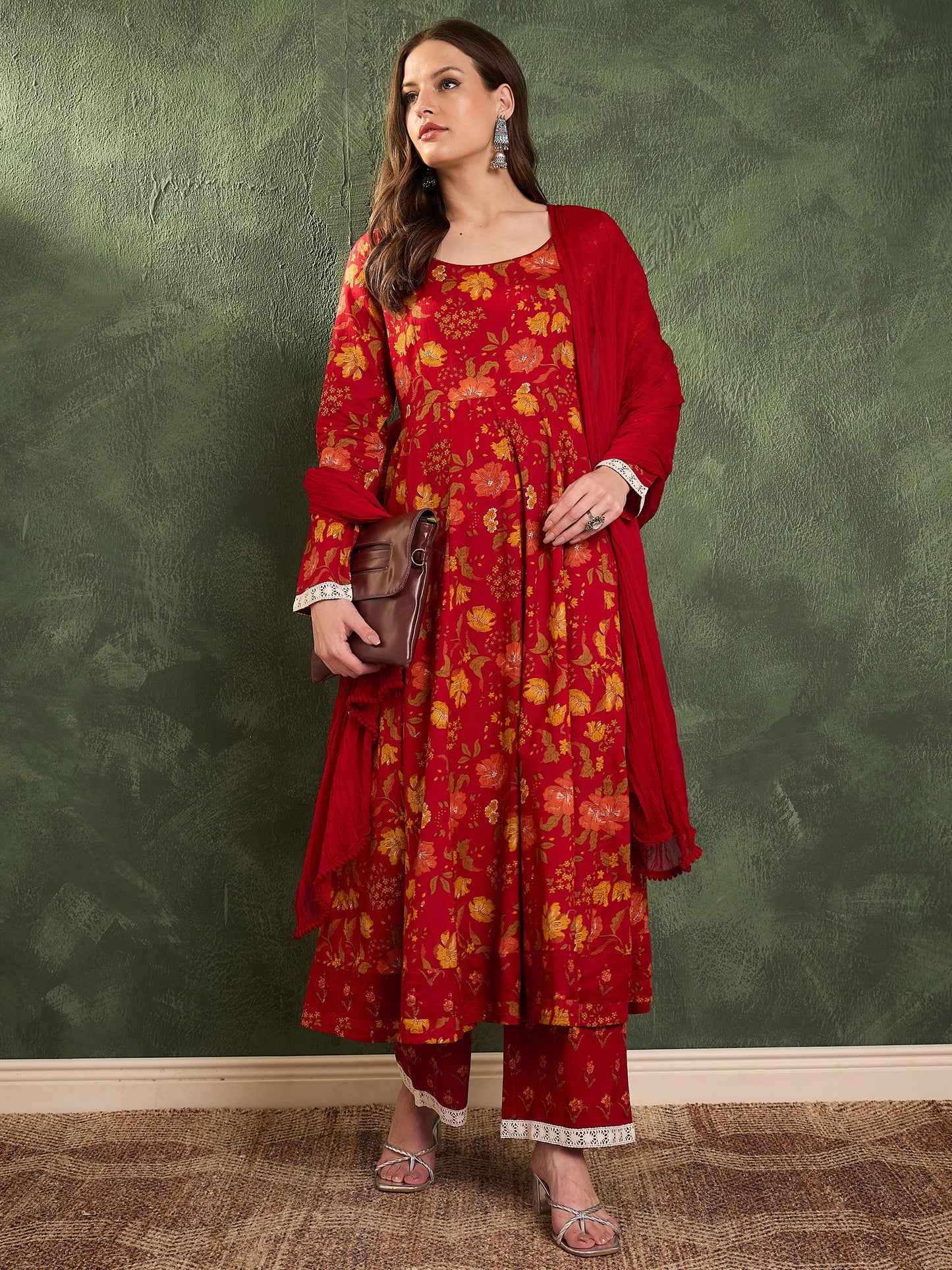 Maroon & Yellow Floral Anarkali Kurta Set with Dupatta