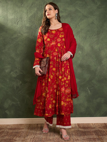 Maroon & Yellow Floral Anarkali Kurta Set with Dupatta