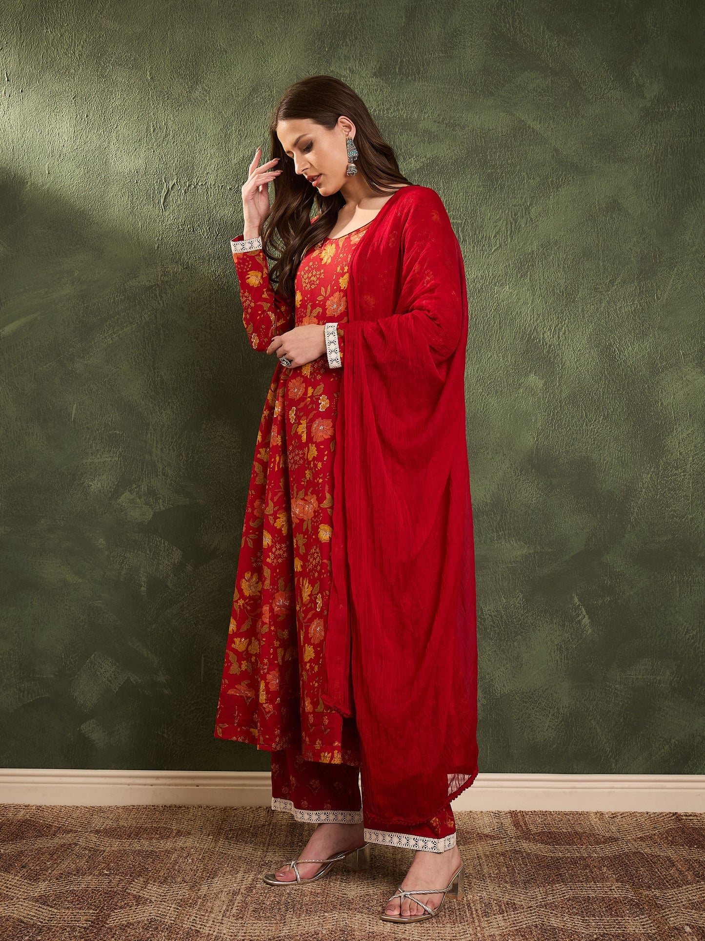 Maroon & Yellow Floral Anarkali Kurta Set with Dupatta