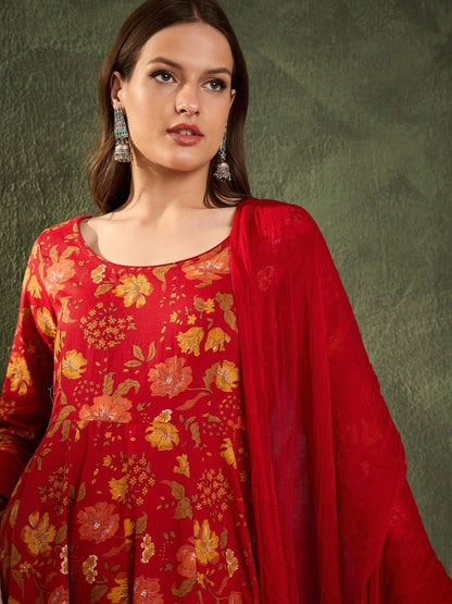 Maroon & Yellow Floral Anarkali Kurta Set with Dupatta