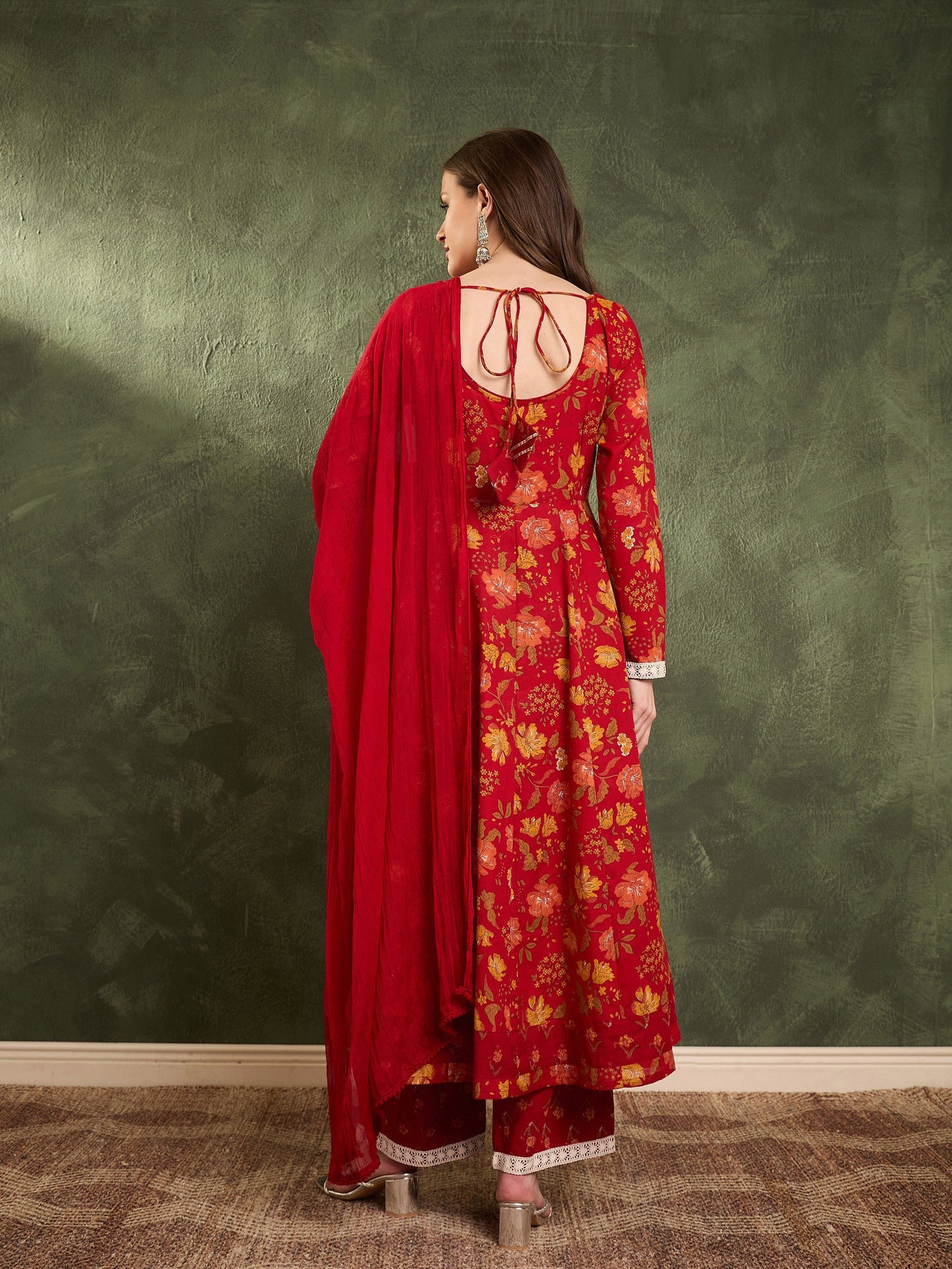 Maroon & Yellow Floral Anarkali Kurta Set with Dupatta