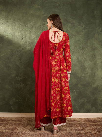 Maroon & Yellow Floral Anarkali Kurta Set with Dupatta