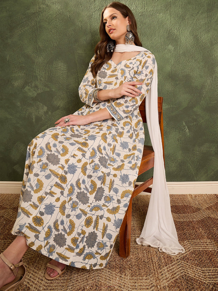 Women Off White Floral Anarkali Kurta Set with Dupatta