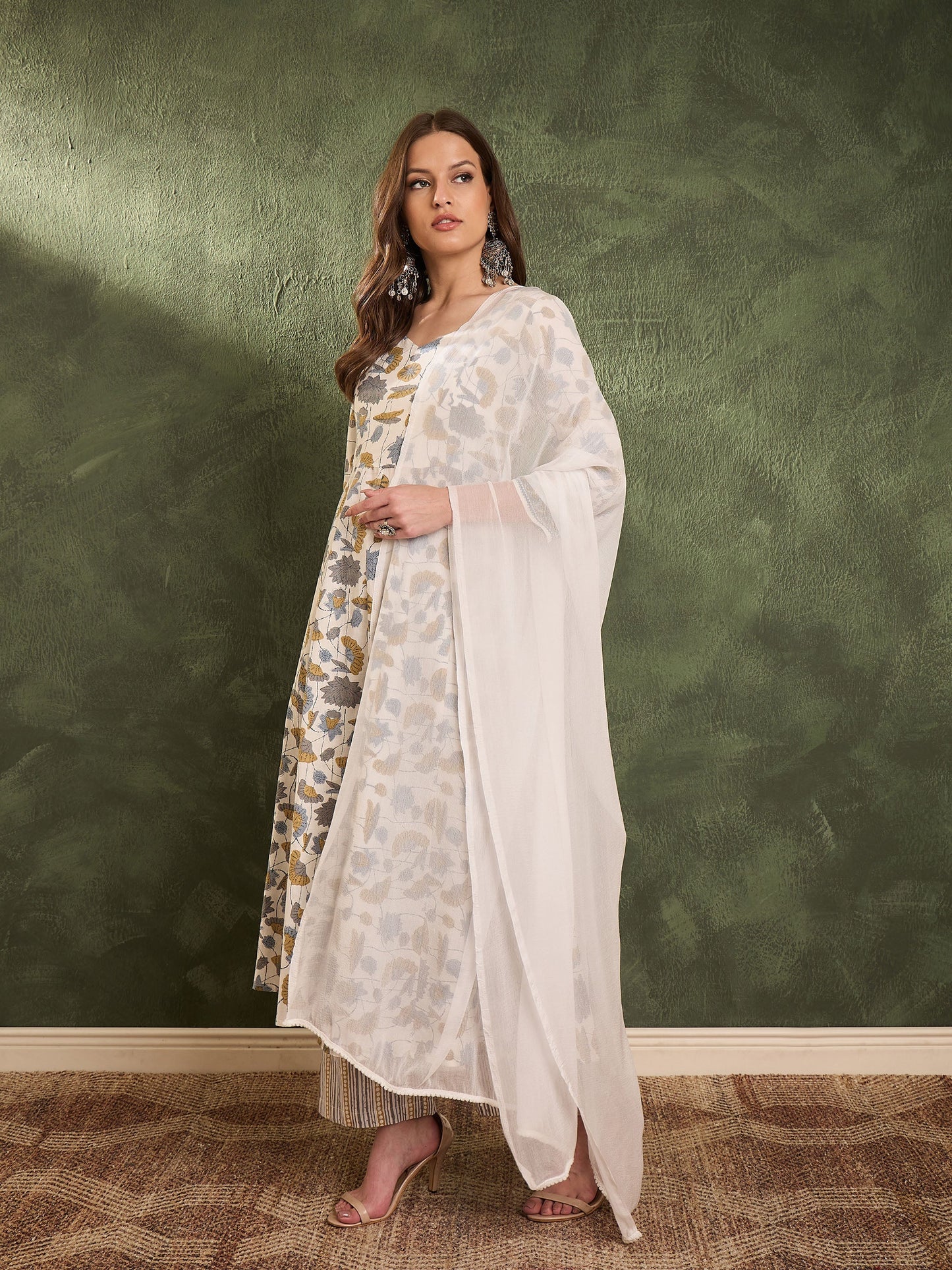 Women Off White Floral Anarkali Kurta Set with Dupatta