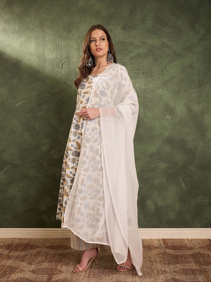 Women Off White Floral Anarkali Kurta Set with Dupatta