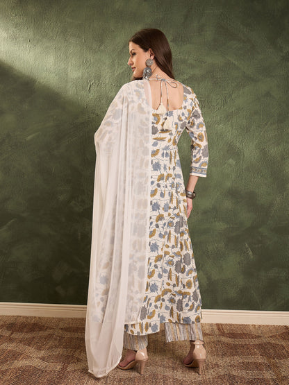 Women Off White Floral Anarkali Kurta Set with Dupatta