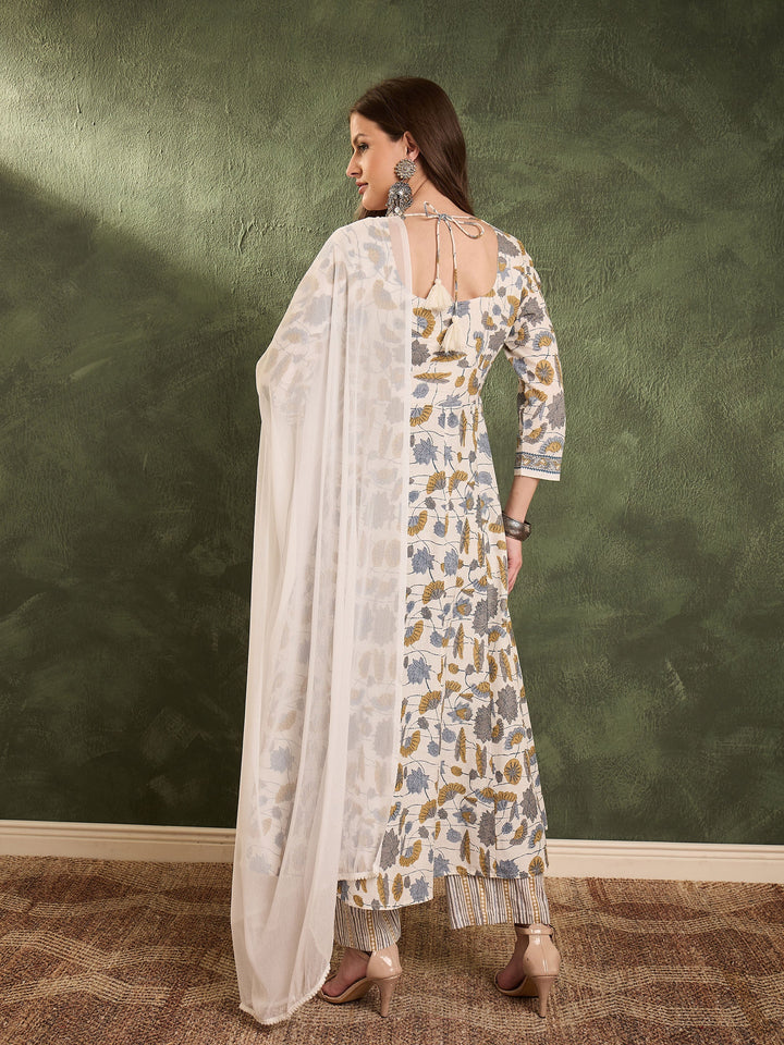 Women Off White Floral Anarkali Kurta Set with Dupatta