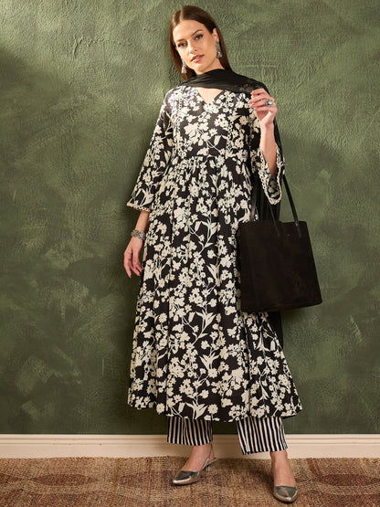 Women Black & White Floral Gathered Kurta Set with Dupatta