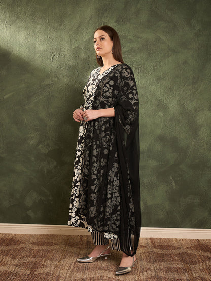 Women Black & White Floral Gathered Kurta Set with Dupatta