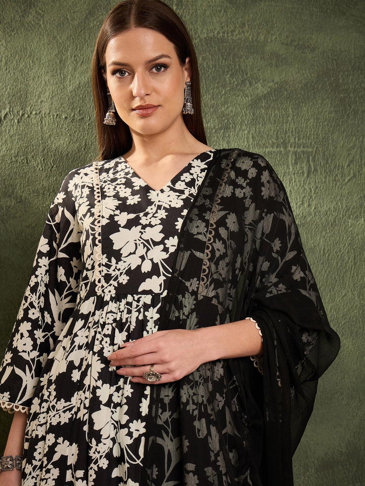 Women Black &amp; White Floral Gathered Kurta Set with Dupatta