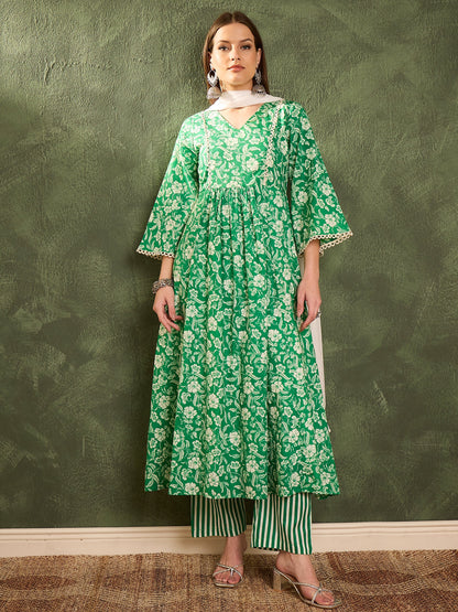 Green & White Floral Gathered Kurta Set with Dupatta
