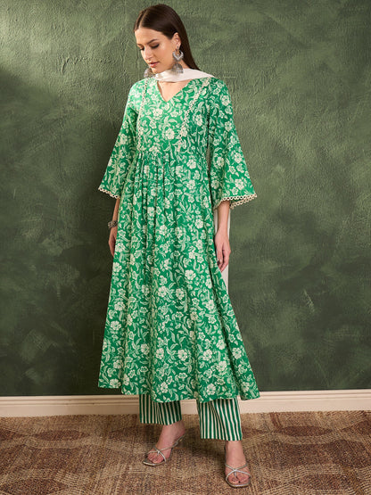 Green & White Floral Gathered Kurta Set with Dupatta