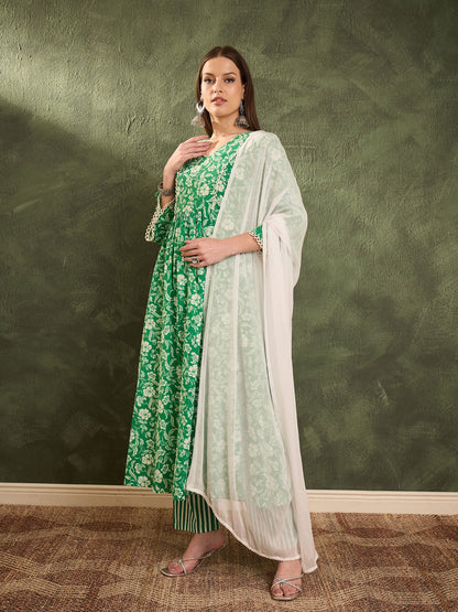 Green & White Floral Gathered Kurta Set with Dupatta