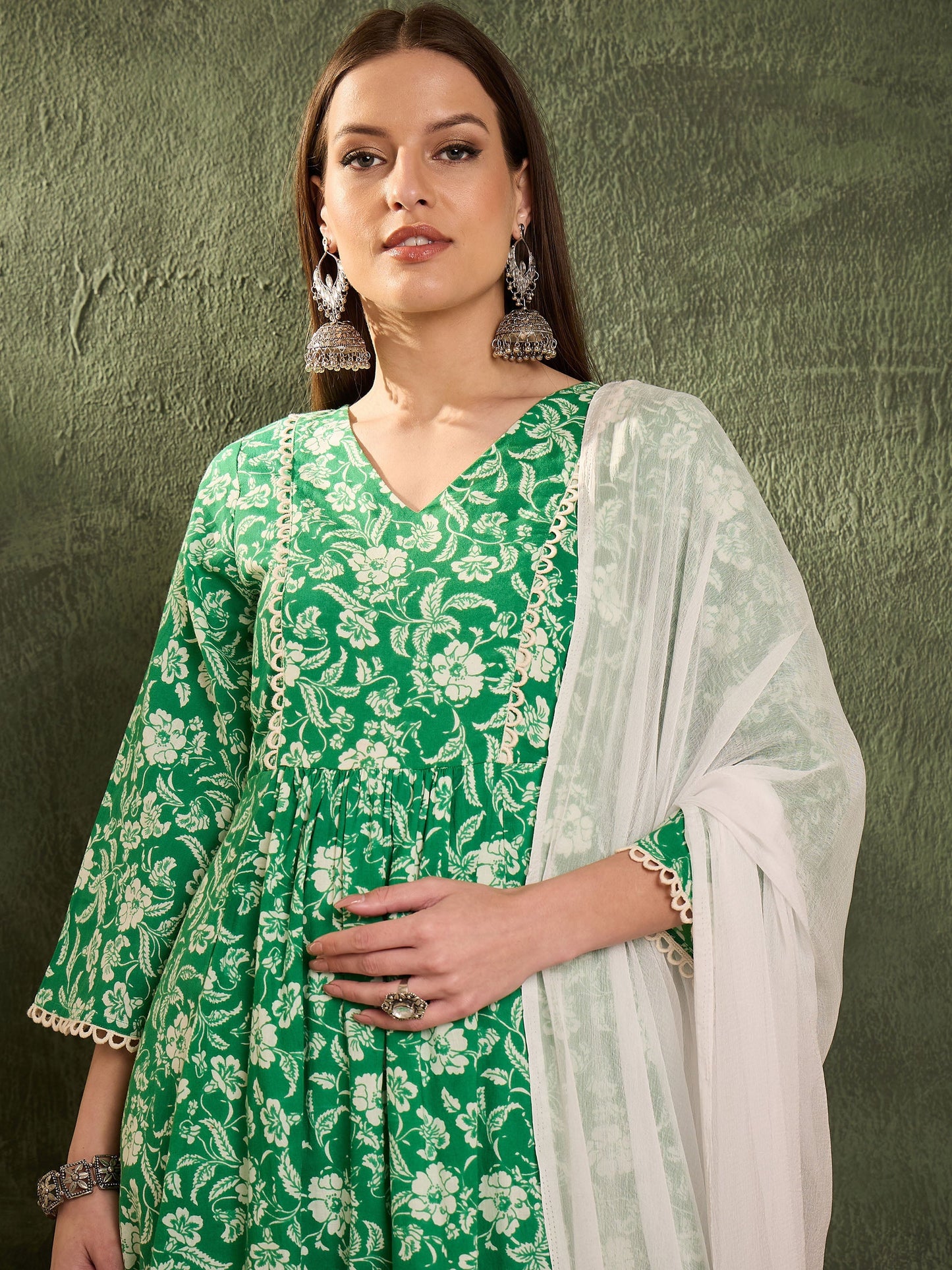 Green & White Floral Gathered Kurta Set with Dupatta