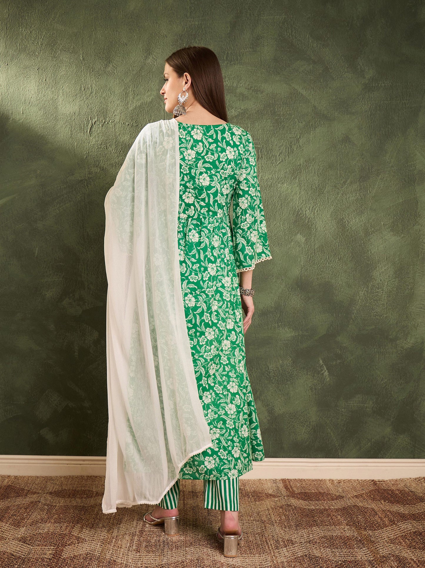 Green & White Floral Gathered Kurta Set with Dupatta